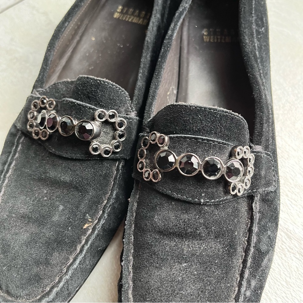 ** Stuart Weitzman Driving Loafers Black Leather Size 7.5 Crystal Embellished - Picture 3 of 10